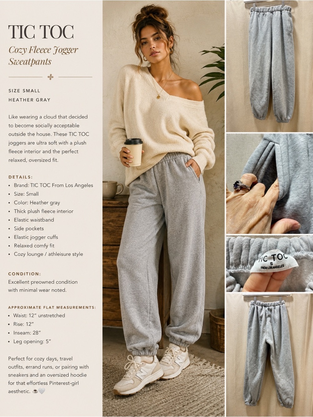 TIC TOC Cozy Fleece Jogger Sweatpants
Size Small • Gray • Soft Lounge Pants